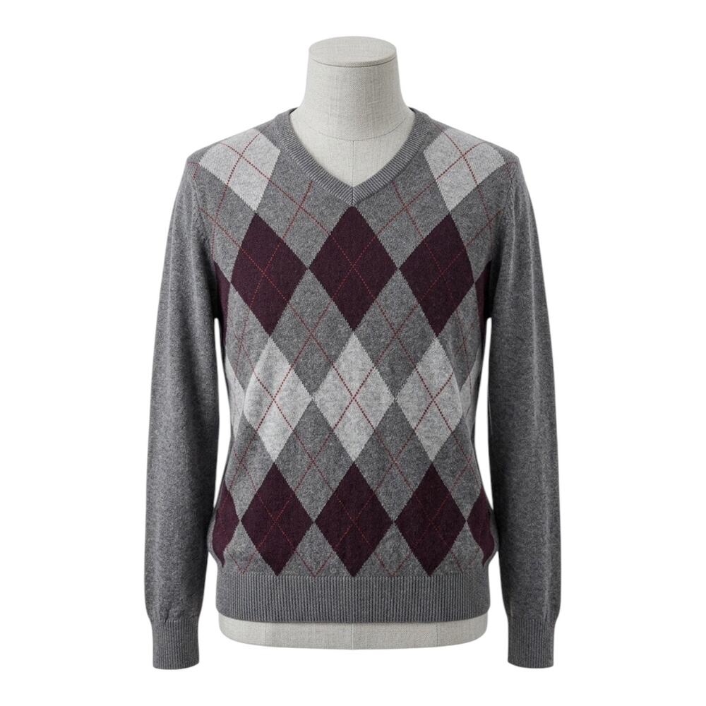 Croft & Barrow Men’s XL Argyle V-Neck Sweater Gray Burgundy Long Sleeve Cotton